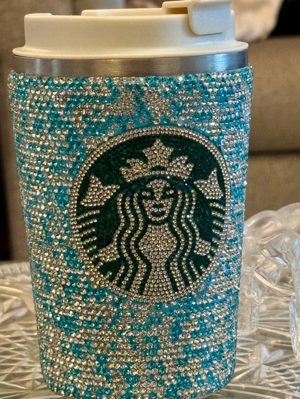 BeautTurquoise& Silver Rhinestone Bling Blue White TemperatureCheck Tumbler